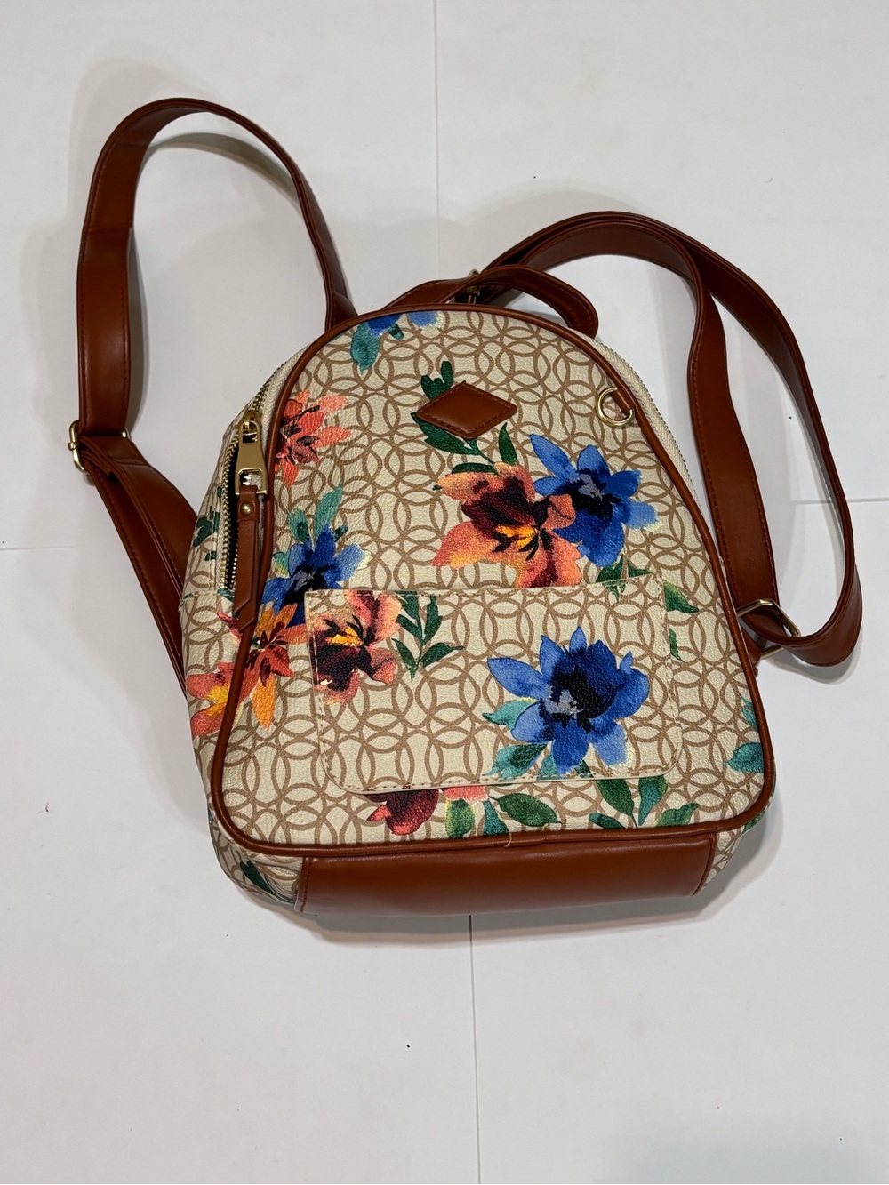 Floral Print Brown Canvas Backpack with Adjustable Straps